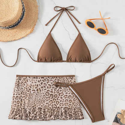 Red Wind Sexy Leopard Print Swimsuit Women Small Chest Banded Bikini Split Three Piece Set Vacation Swimwear