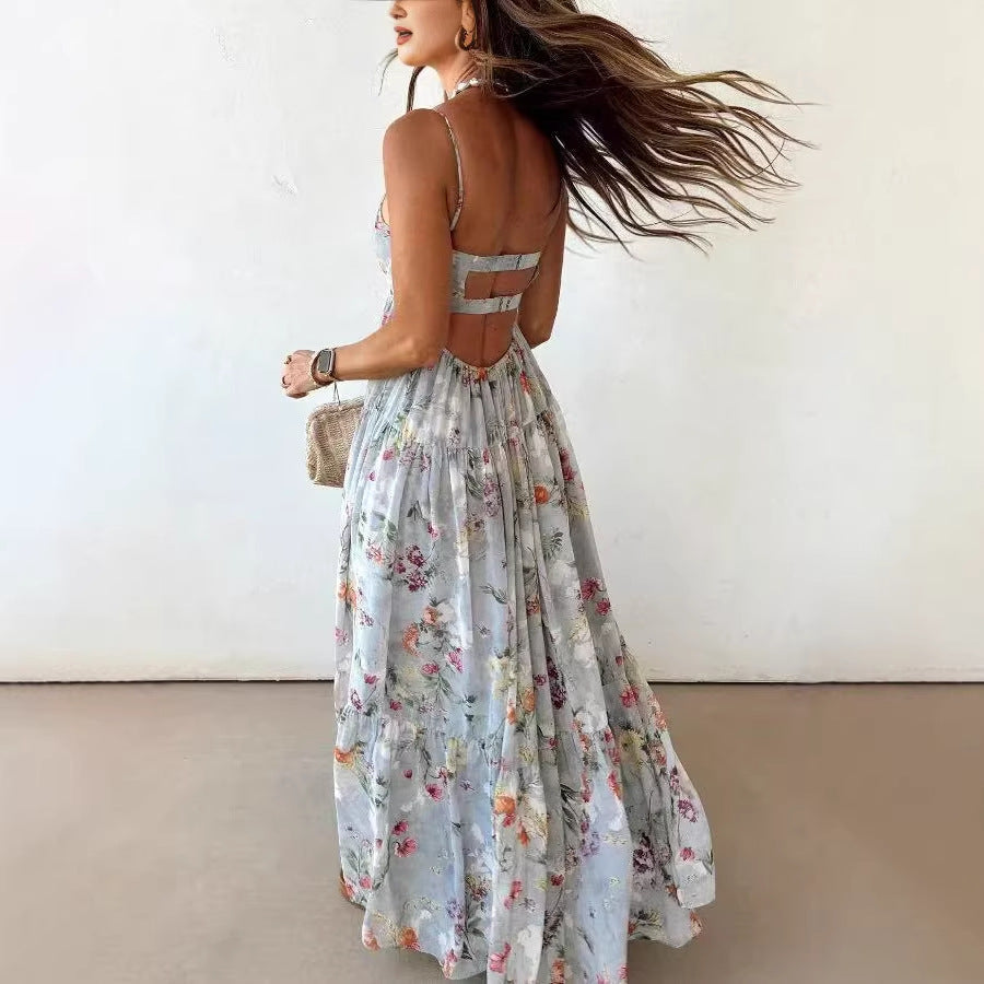 Bohemian Sling Floral Large Swing Dress Summer Chiffon Vacation Loose Flowy Dress