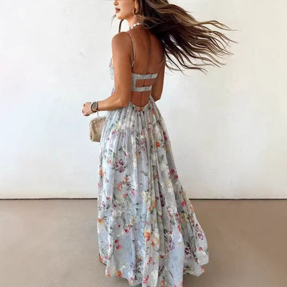Bohemian Sling Floral Large Swing Dress Summer Chiffon Vacation Loose Flowy Dress