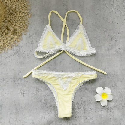Solid Color Three Point Low Waist Bikini Lace Strap Split Swimsuit Women Bikini