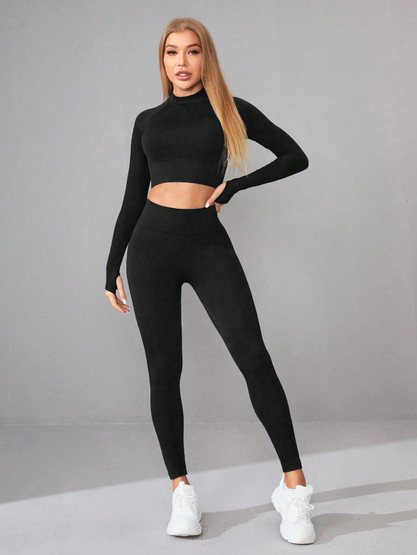 Seamless Yoga Clothes Women Long Sleeved Sports Top High Waist Hip Lift Sports Tights Trousers Set