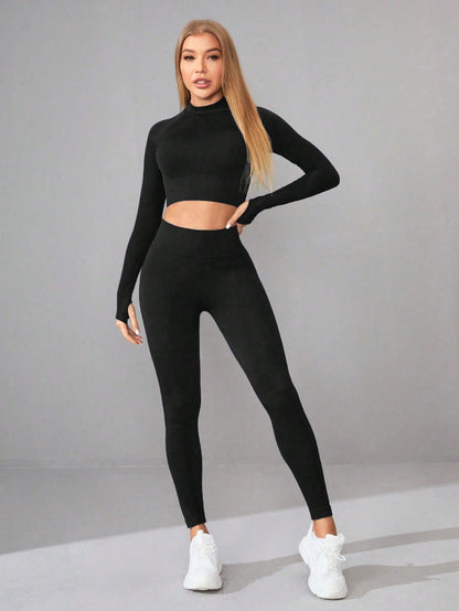 Seamless Yoga Clothes Women Long Sleeved Sports Top High Waist Hip Lift Sports Tights Trousers Set