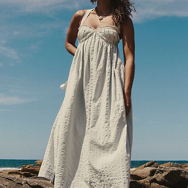Summer Sweet Multicolor Flounce Trim Lace up Backless Seaside Vacation Dress