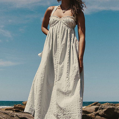 Summer Sweet Multicolor Flounce Trim Lace up Backless Seaside Vacation Dress