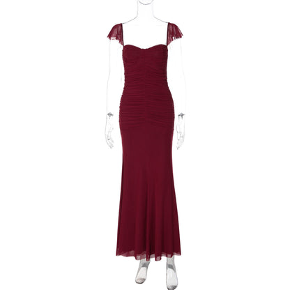 Fashionable Elegant Bandeau Sling Backless Waist Trimming Pleated Mesh Fishtail Dress