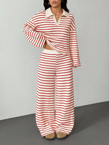 Striped Knitted Contrast Color Lapels V neck Long Sleeved Top Casual Two Piece Sets