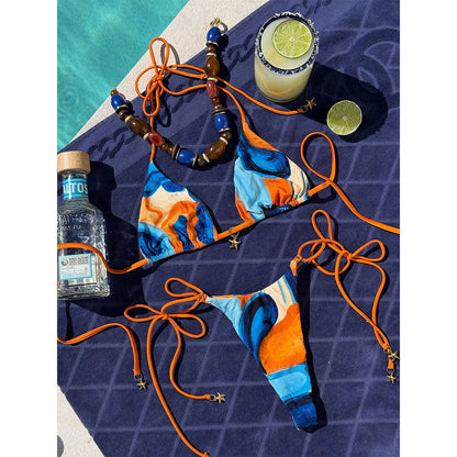 Color Printed Three Point T Shaped Bikini Sexy Backless Lace up Split Swimsuit Women