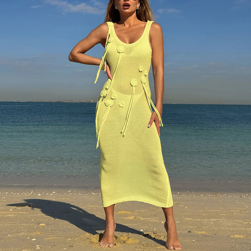 Holiday Dress Three Dimensional Floral Sexy Slim U Neck Breathable Suspenders Back Slit Beach Dress