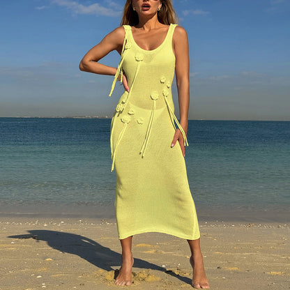 Holiday Dress Three Dimensional Floral Sexy Slim U Neck Breathable Suspenders Back Slit Beach Dress