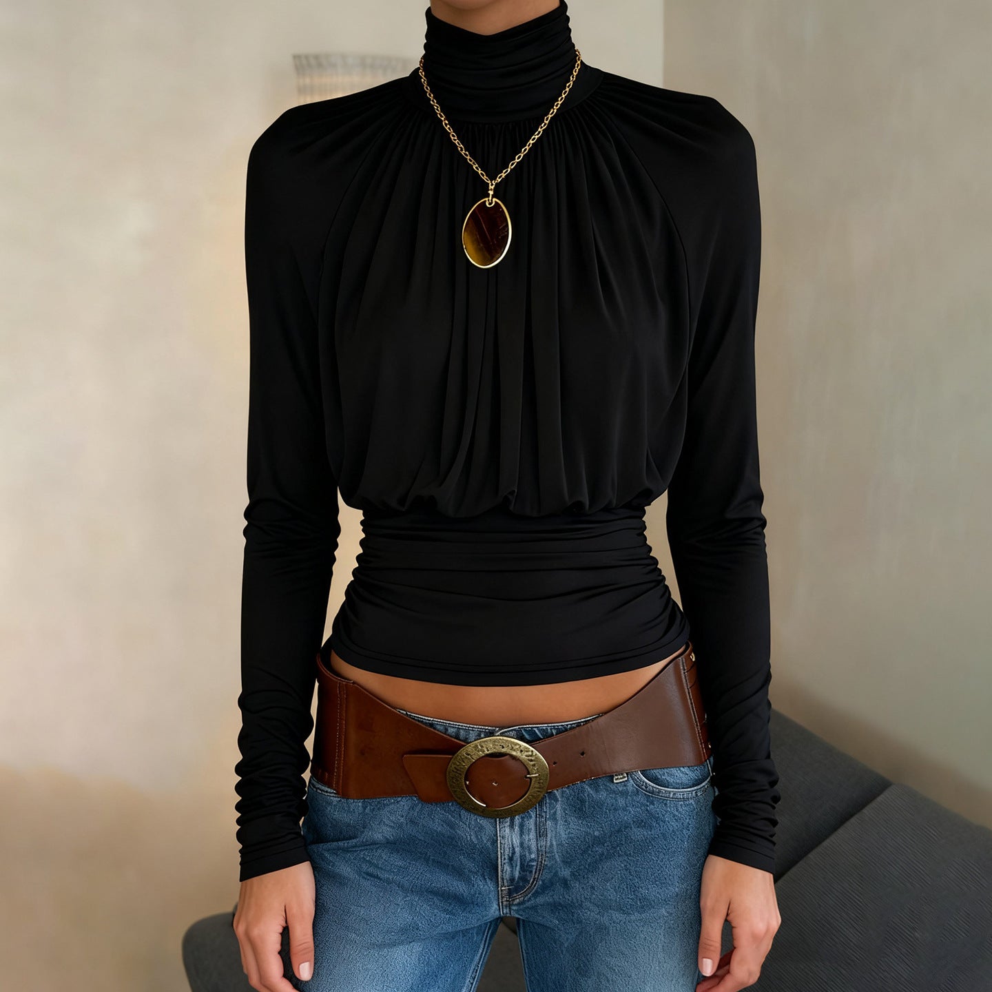 Dark Sexy Black with High Collar Long Sleeve Casual Top Short Waist Controlled Slimming Long Sleeve T shirt Women Autumn
