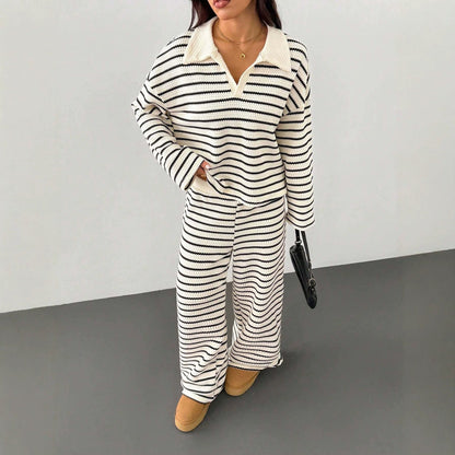 Striped Knitted Contrast Color Lapels V neck Long Sleeved Top Casual Two Piece Sets