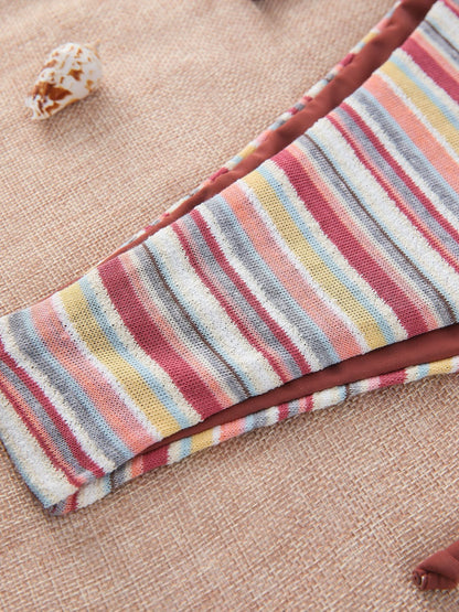 Fresh Color Striped Bikini Swimsuit Overskirt
