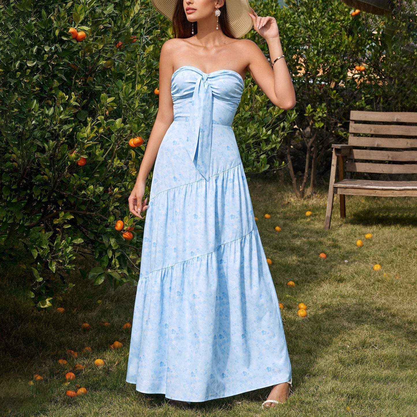 Tube Top Bow Bandage Dress Sexy Backless Pleated Print Maxi Dress