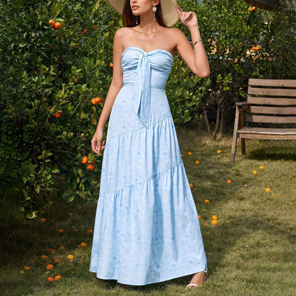 Tube Top Bow Bandage Dress Sexy Backless Pleated Print Maxi Dress