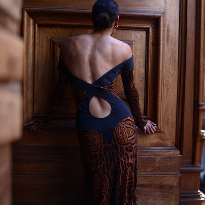 Fall Women Clothing Sexy off the Shoulder Hollow Out Cutout Backless Leopard Print Slim Fit Long Sleeved Dress