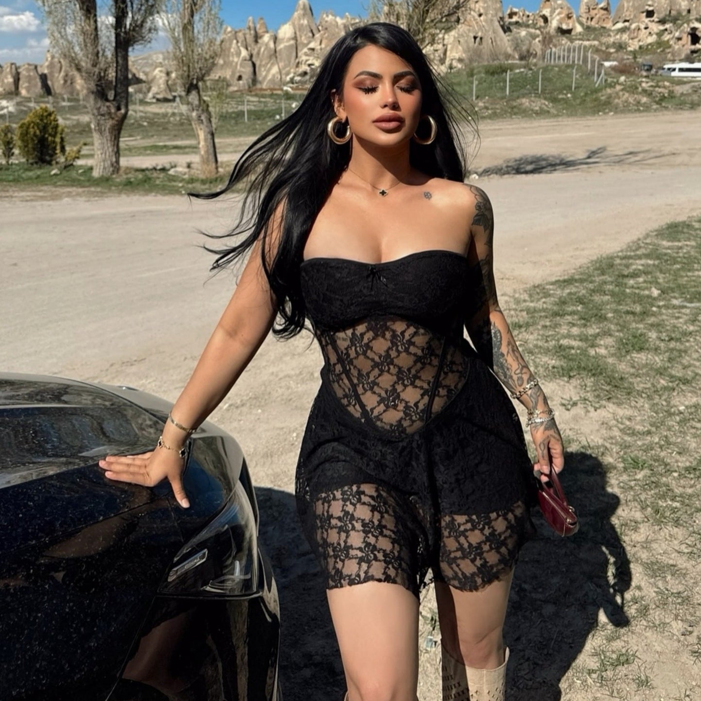 Summer Women Sexy Lace Stitching Tube Top Slim Fit See through Dress