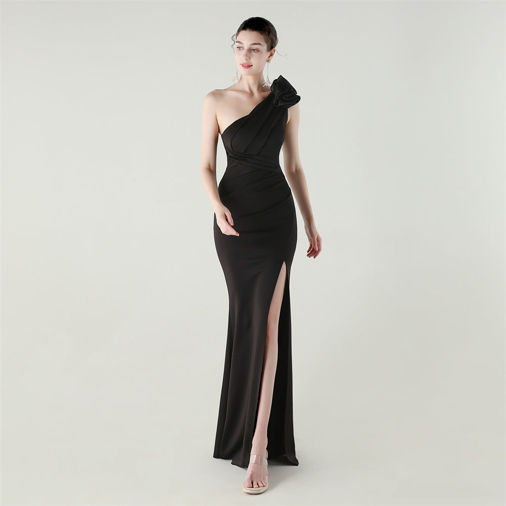 One Shoulder Three Dimensional Floral Satin Folding High Slit Sexy Evening Dress Dinner Wedding Social