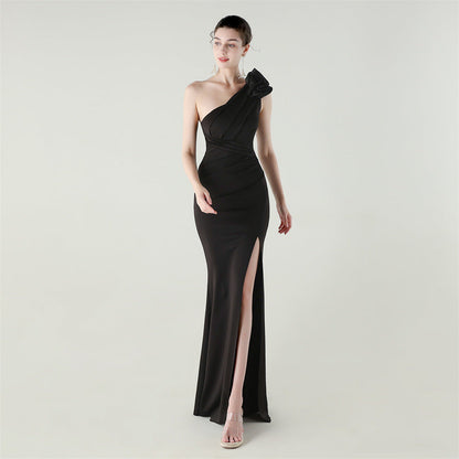 One Shoulder Three Dimensional Floral Satin Folding High Slit Sexy Evening Dress Dinner Wedding Social