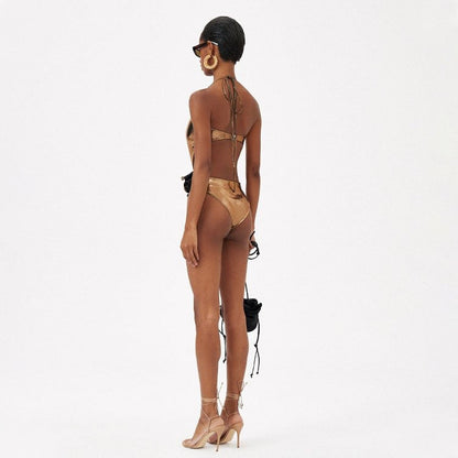 Gold Handmade Floral Halter Hollow Out Cutout out Swimsuit Women