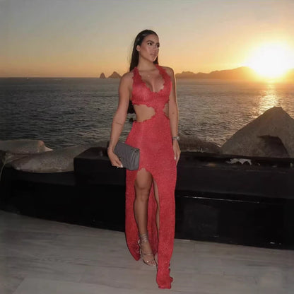 Spring Summer Deep V Plunge Cropped Outfit Lace up Split Bright Silk Handmade Crochet Woolen Dress