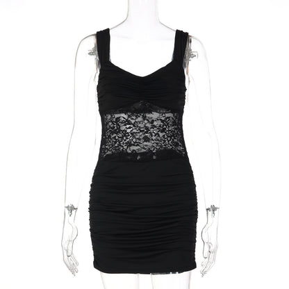 Women Clothing Short Summer Solid Color Sleeveless Sexy Lace Stitching Ruffle Hip Dress
