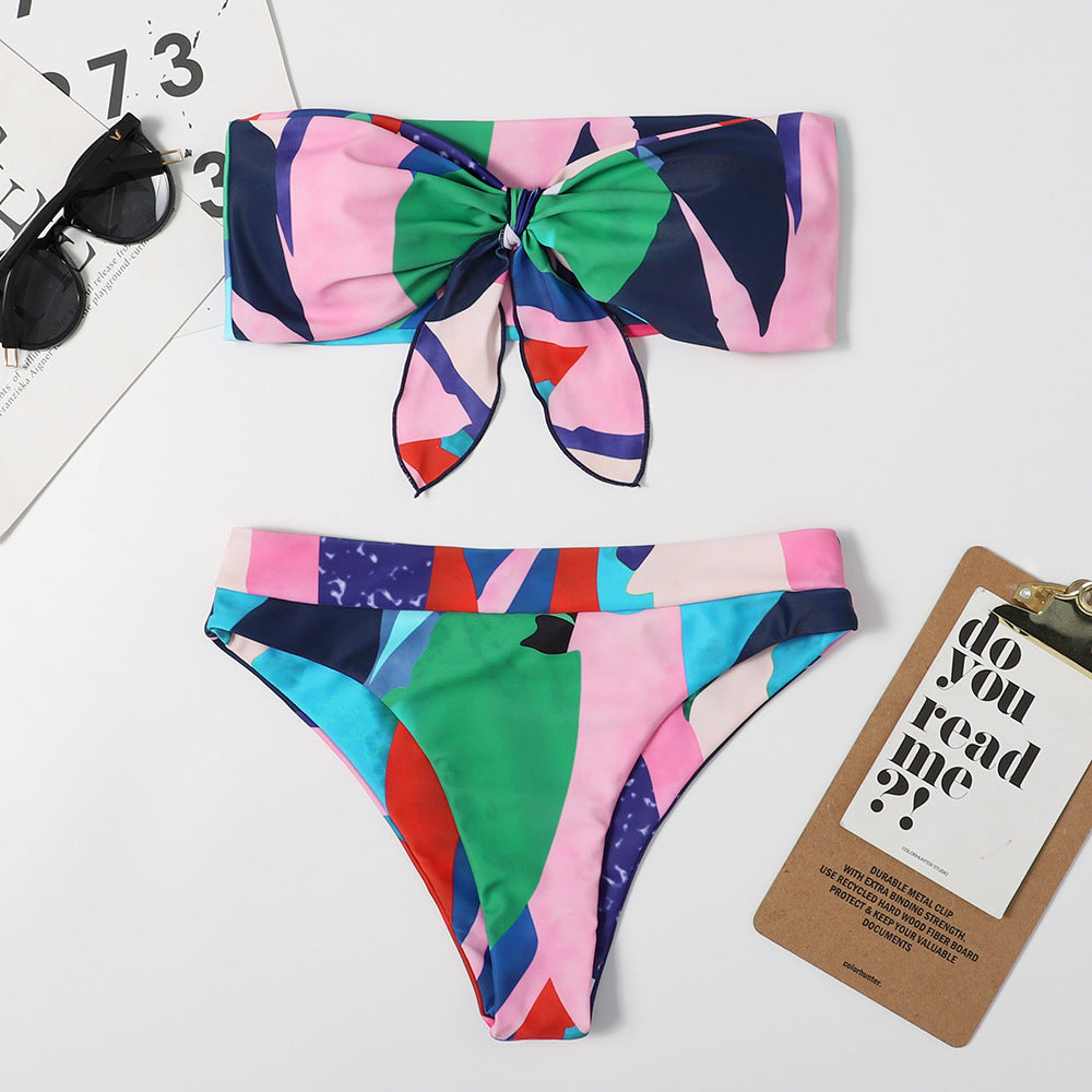 Print Tie Dye Sexy Tube Top Bikini Swimsuit Women Slim Fit Two Piece Suit Split