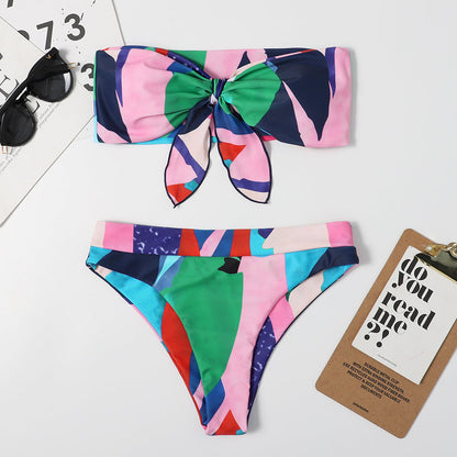 Print Tie Dye Sexy Tube Top Bikini Swimsuit Women Slim Fit Two Piece Suit Split