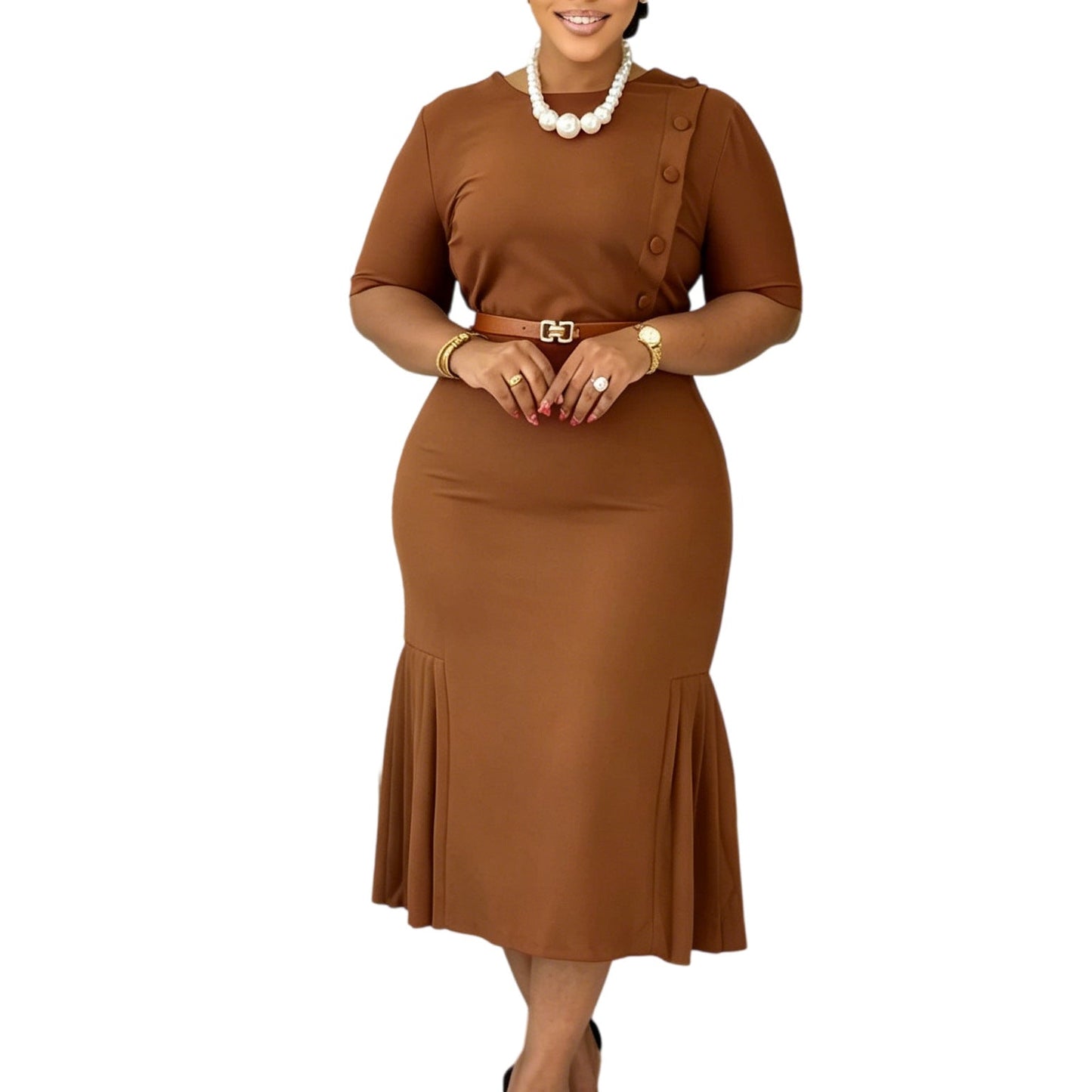 Summer Women Clothing Solid Color round Neck Short Sleeves Office Slim Fit Dress