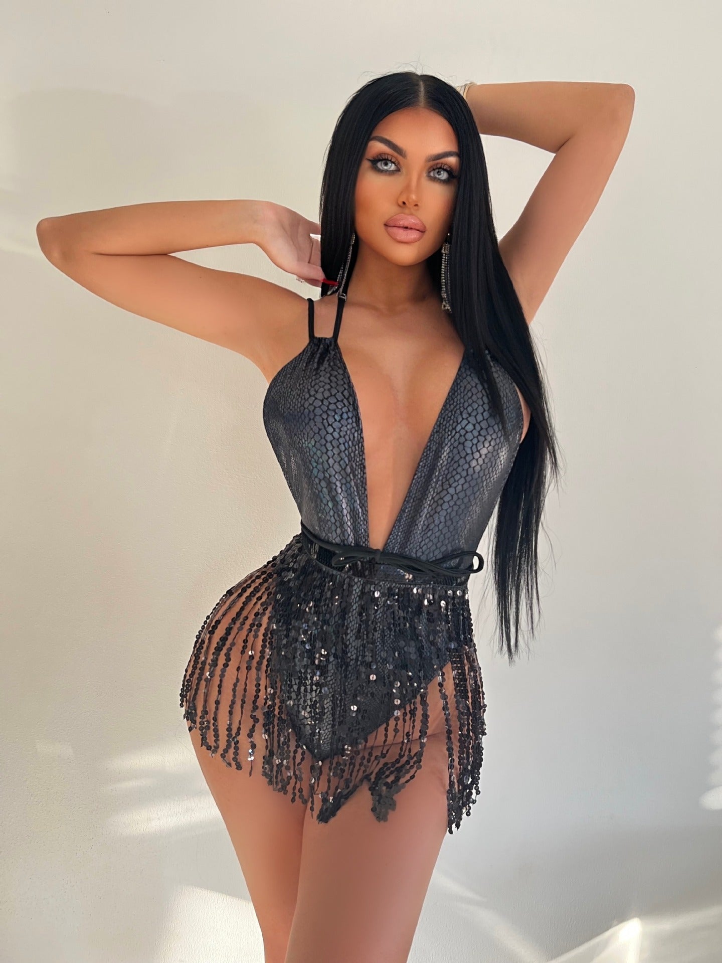 Swimsuit Women Sexy Deep V Plunge Swimsuit Tassel One Piece Swimsuit