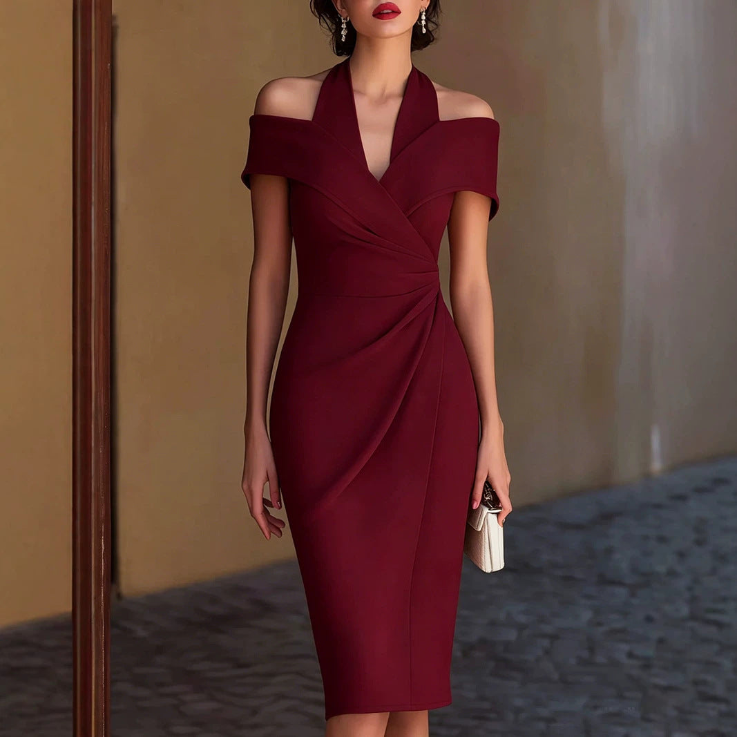 Women Clothing Summer Halter Off the Shoulder Solid Color Dress