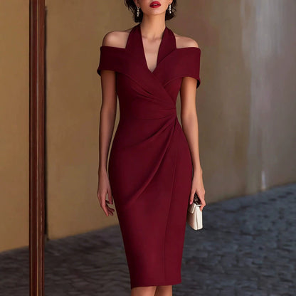 Women Clothing Summer Halter Off the Shoulder Solid Color Dress