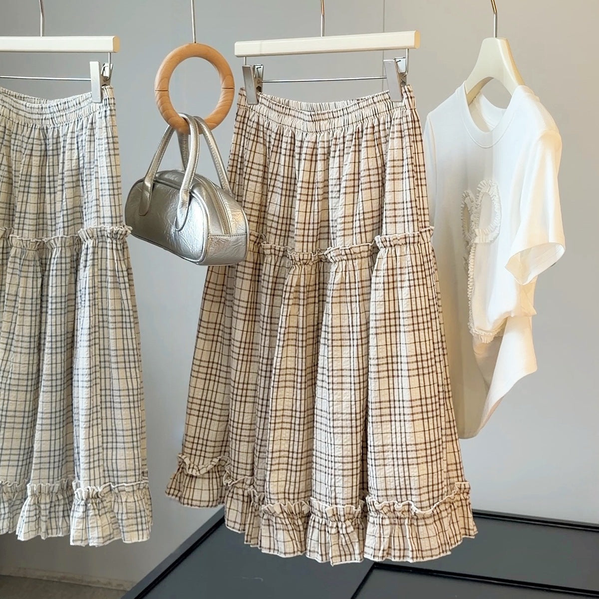 Ruffled Bubble Cotton Plaid Skirt Women Summer High Waist Slimming A Line Mid Length Skirt