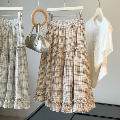 Ruffled Bubble Cotton Plaid Skirt Women Summer High Waist Slimming A Line Mid Length Skirt