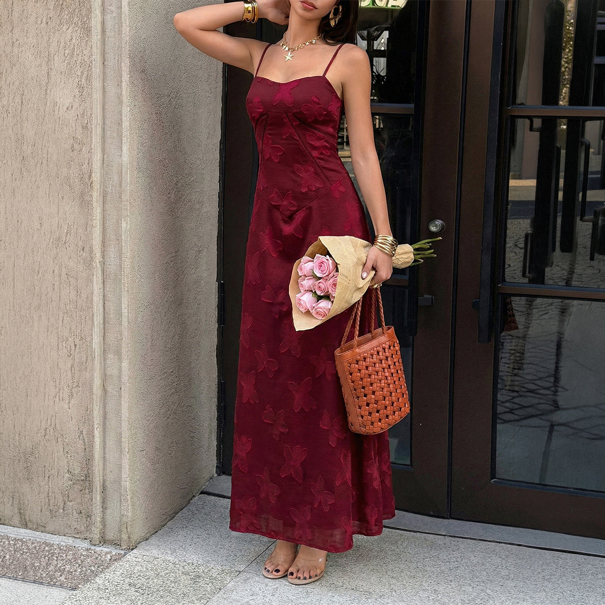 Women Clothing Summer French Vacation Jacquard Strap Waist Dress