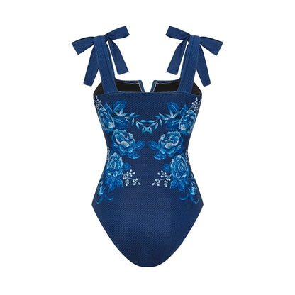 Swimsuit Blue Color Printed Vacation Swimsuit Women Skirt