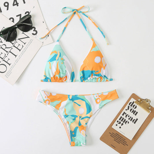 Women Split Sexy Digital Printing Lace up Bikini Swimsuit Swimwear Beach Swimwear