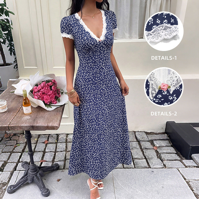 Sweet Vacation Lace V neck Patchwork Short Sleeve Floral Dress