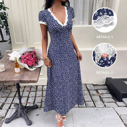 Sweet Vacation Lace V neck Patchwork Short Sleeve Floral Dress