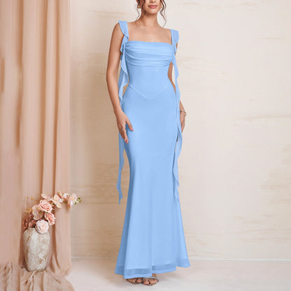 Summer Mesh Cami Dress Sexy Backless Square Collar Pleated Ribbon Cinched Slimming Maxi Dress