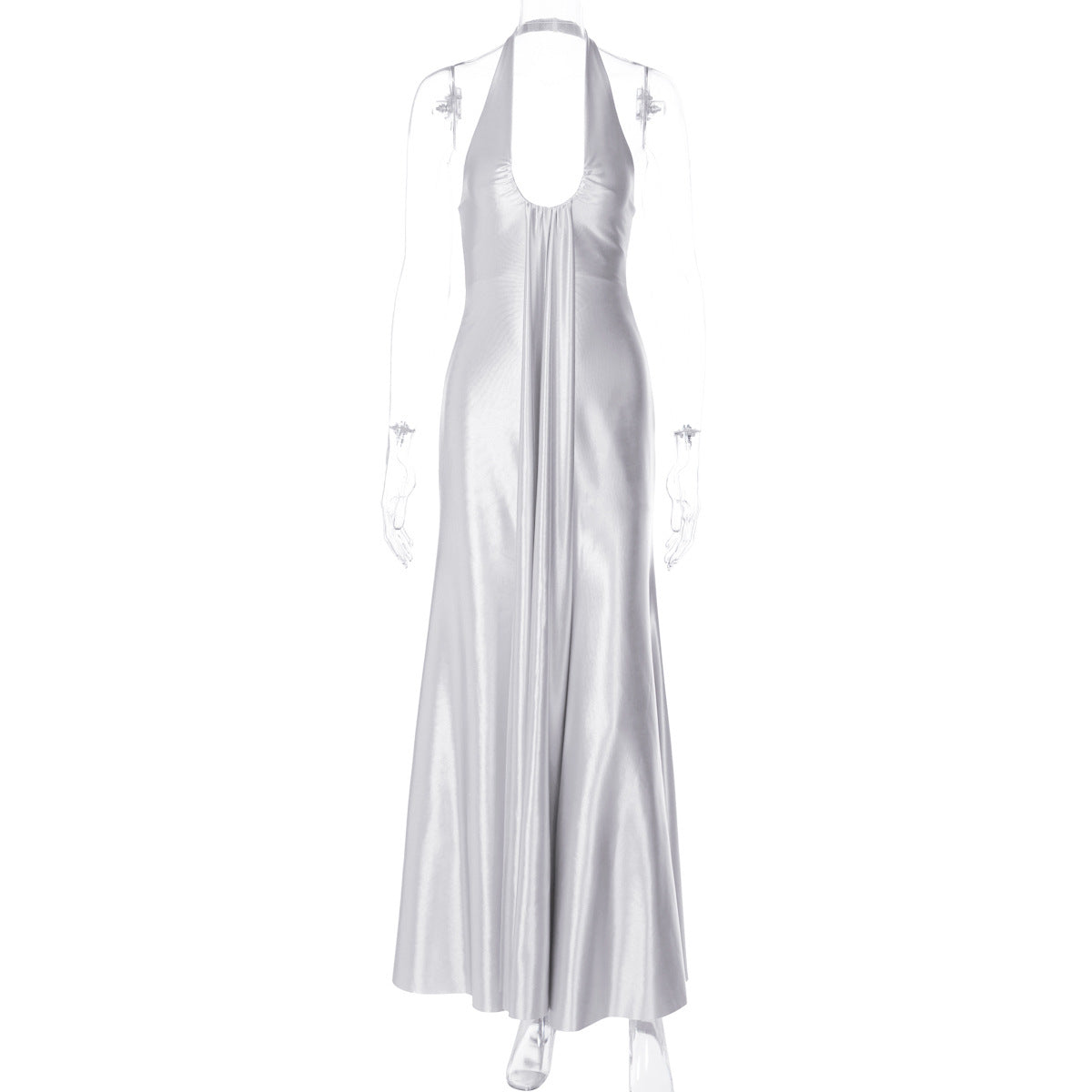 Spring Summer Women Clothing Solid Color Elegant U Collar Halter Backless Slim Dress