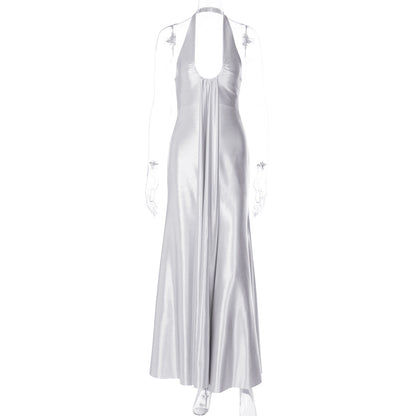 Spring Summer Women Clothing Solid Color Elegant U Collar Halter Backless Slim Dress