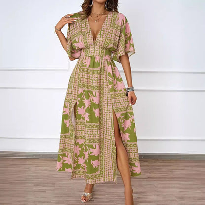 Summer Sexy V neck Short Sleeve Waist Controlled Printed Dress for Women