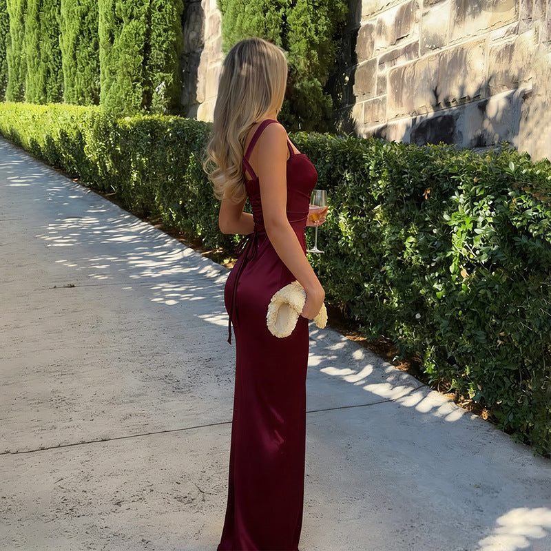Retro Wine Red Summer Slim Fit Sexy Waist Square Collar Dress