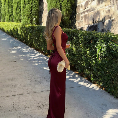 Retro Wine Red Summer Slim Fit Sexy Waist Square Collar Dress