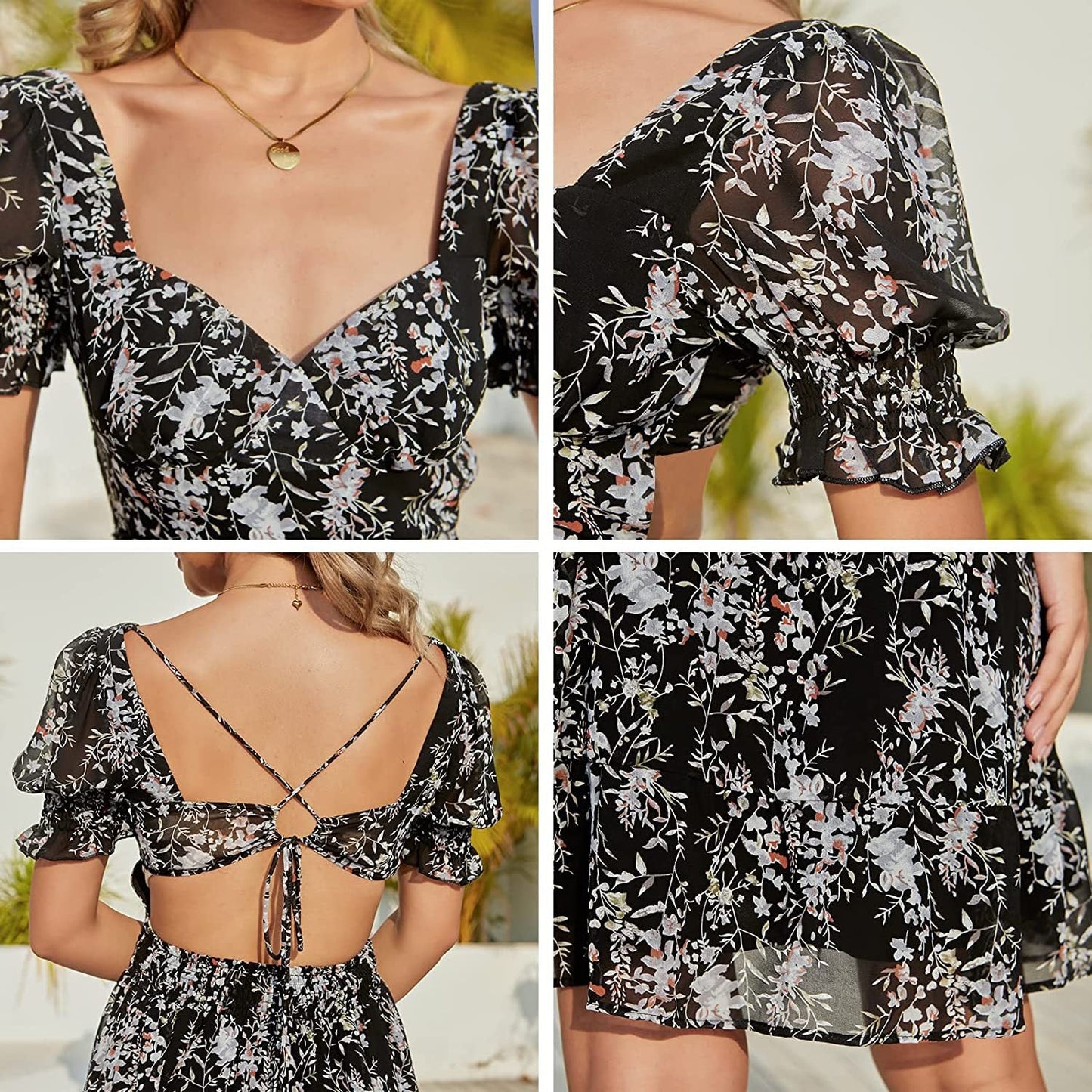 Women V-neck Puff Short Sleeve Backless A- line Back Lace-up Criss Cross Elegant Print Blouse Mini Dress