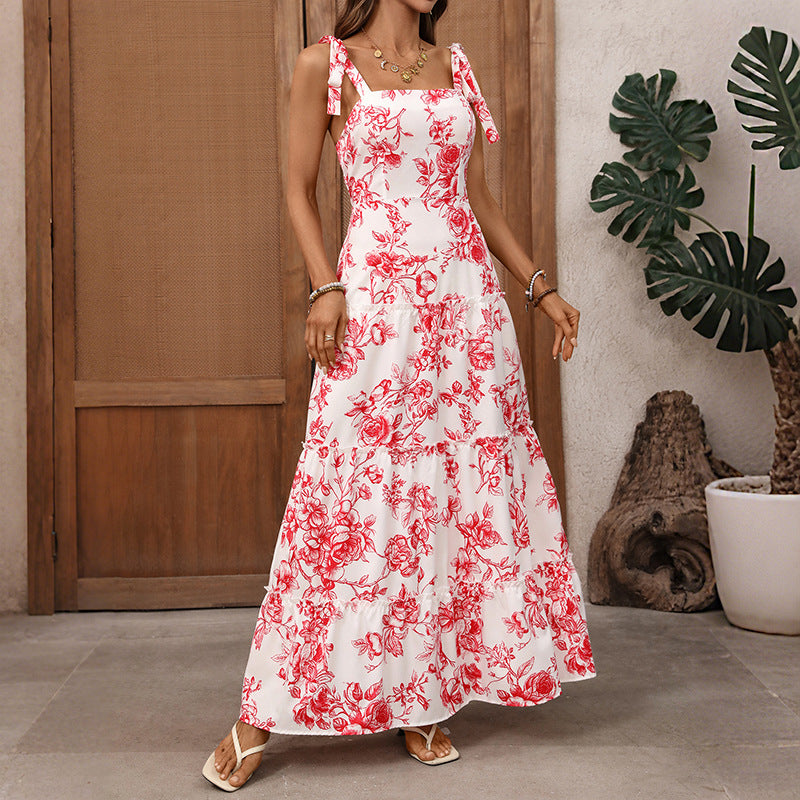 French Vacation Strap Retro Printed Large Swing Dress