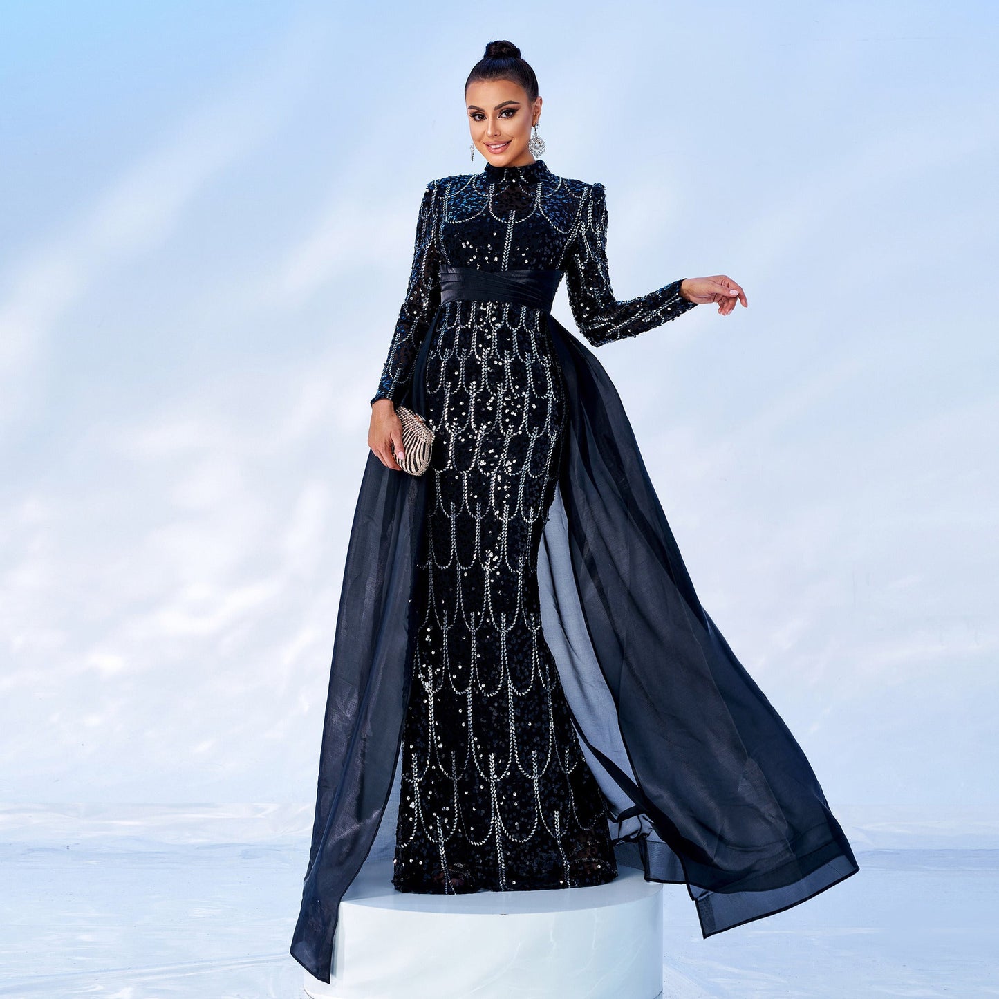 Long Sleeve round Neck Long Sequined Cocktail Cape Fishtail Evening Dress Bridesmaid Dress Women