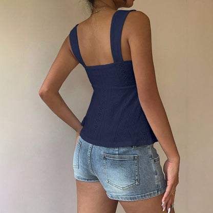 All Match Bow Design Solid Color Casual Sling Low Collar Top