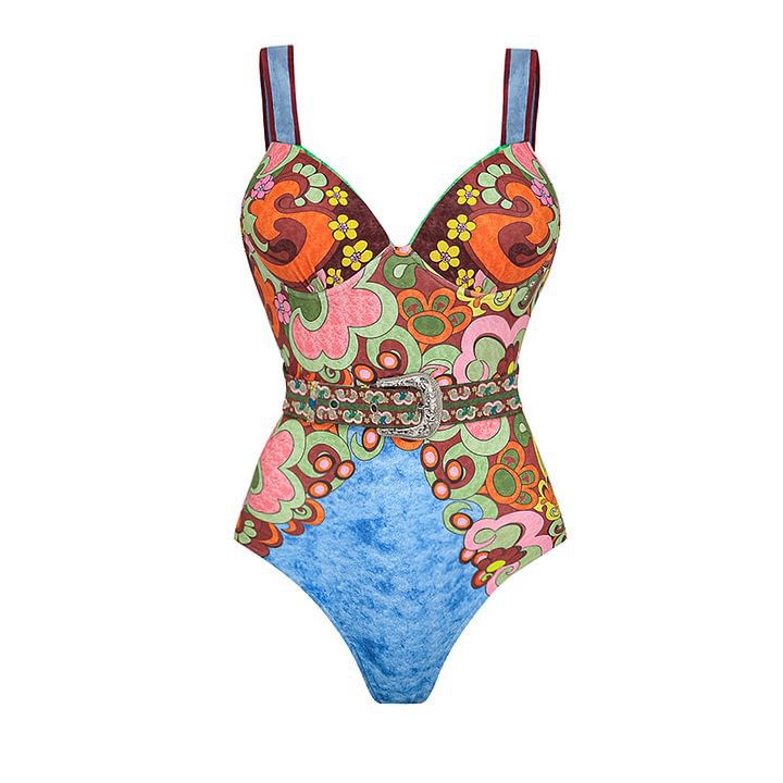 Printed Belt Slimming One Piece Swimsuit Women Two Piece Sets Dress