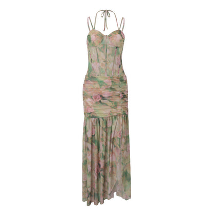 Women Clothing Summer Sexy Spaghetti Strap Floral Print Vacation Beach High Waist Slimming Slit Dress Women
